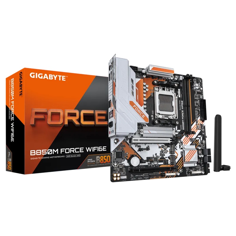 MBG-B850MFORCEWIFI6E Gigabyte B850M FORCE  WIFI6E, AMD AM5, 2 x DDR5 up to 128 GB, 1 x HDMI, 2 x PCI Express x16, 3 x M.2, 5x USB 3.2, 6x USB 2.0, 5GbE LAN