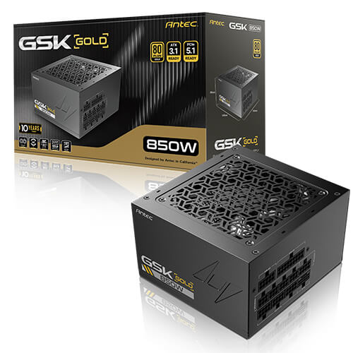 PSA-GSK850-V2 Antec GSK850 V2: ATX12V 3.1, 850W, Full-Modular, 80+ Gold, 120mm fan, 24-pin, 12V-2x6, 2×CPU, 4×PCI-E, 8×SATA, 4×Molex, 140×150×86mm, 10Y warranty