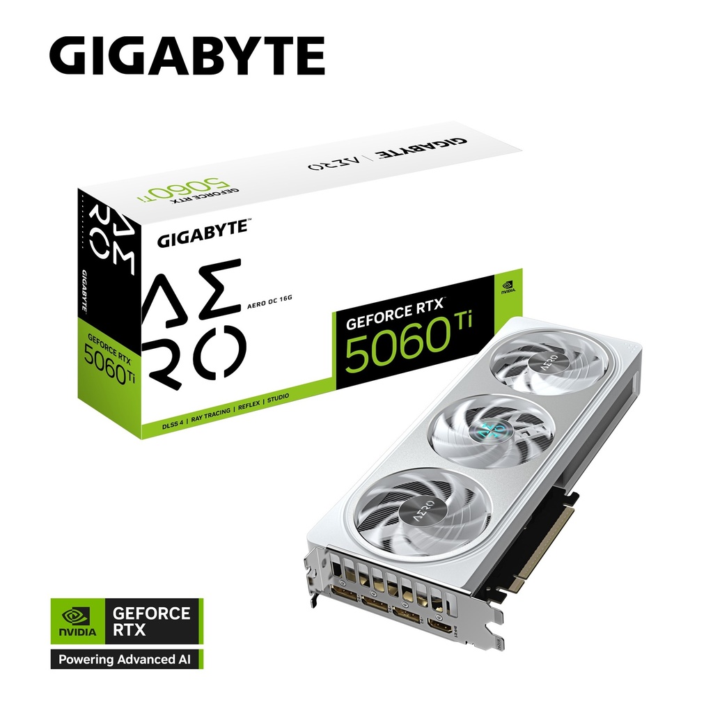 VCG-N506TAEROOC-16GD Gigabyte GeForce RTX™ 5060 Ti AERO OC 16G, 2647 MHz, CUDA TBD, 28 Gbps, GDDR7, 128 bit, PCI-E 5.0, PSU 650W, DisplayPort 2.1b *3 HDMI 2.1b *1