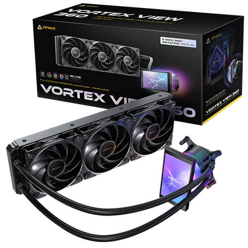 CFA-VORTEXVIEW360 Antec Vortex View 360, 360mm AIO, Intel LGA115X/1200/1700/1851, AMD AM4/AM5, 3x120mm PWM fans, 2000 RPM, 59.23 CFM, ≤28.6 dB(A), aluminum rad