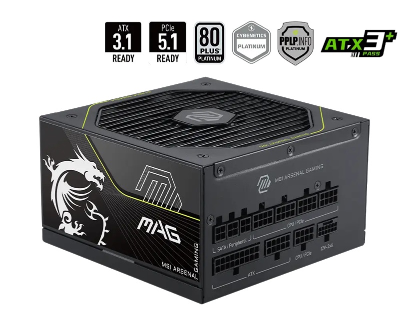 PSM-MAGA1200PLSPCIE5 MSI MAG A1200PLS PCIE5, 1200W, 80 PLUS Platinum, Fully Modular, ATX, Native 12V-2x6 PCIe 5.1, 135mm FDB Fan, RTX 50 Series Ready