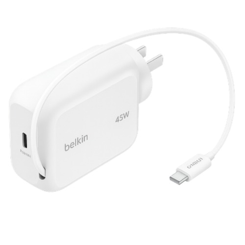 MPA-WCH023AUWH Belkin UltraCharge Retractable 45W USB-C GaN Wall Charger - White(WCH023auWH),1x USB-C, 1x Retractable USB-C Cable,$2500 CEW, 2 Years Warranty
