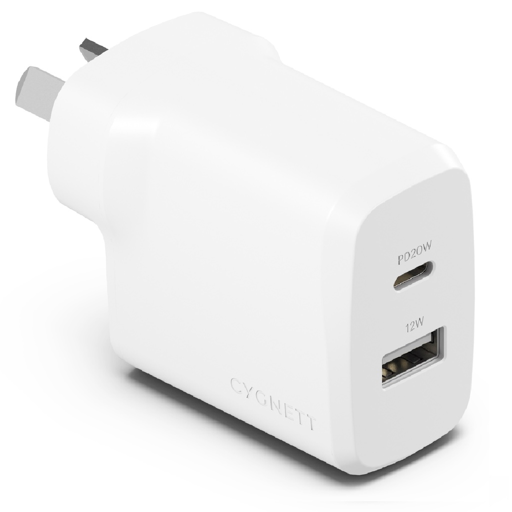 MPA-CY4772PDWCH EOL Cygnett PowerPlus 32W Dual Port (20W USB-C + 12W USB-A) PD Fast Wall Charger-White(CY4772PDWCH),Palm-Size,Portable,Charge 2x Devices,2 Years Warra
