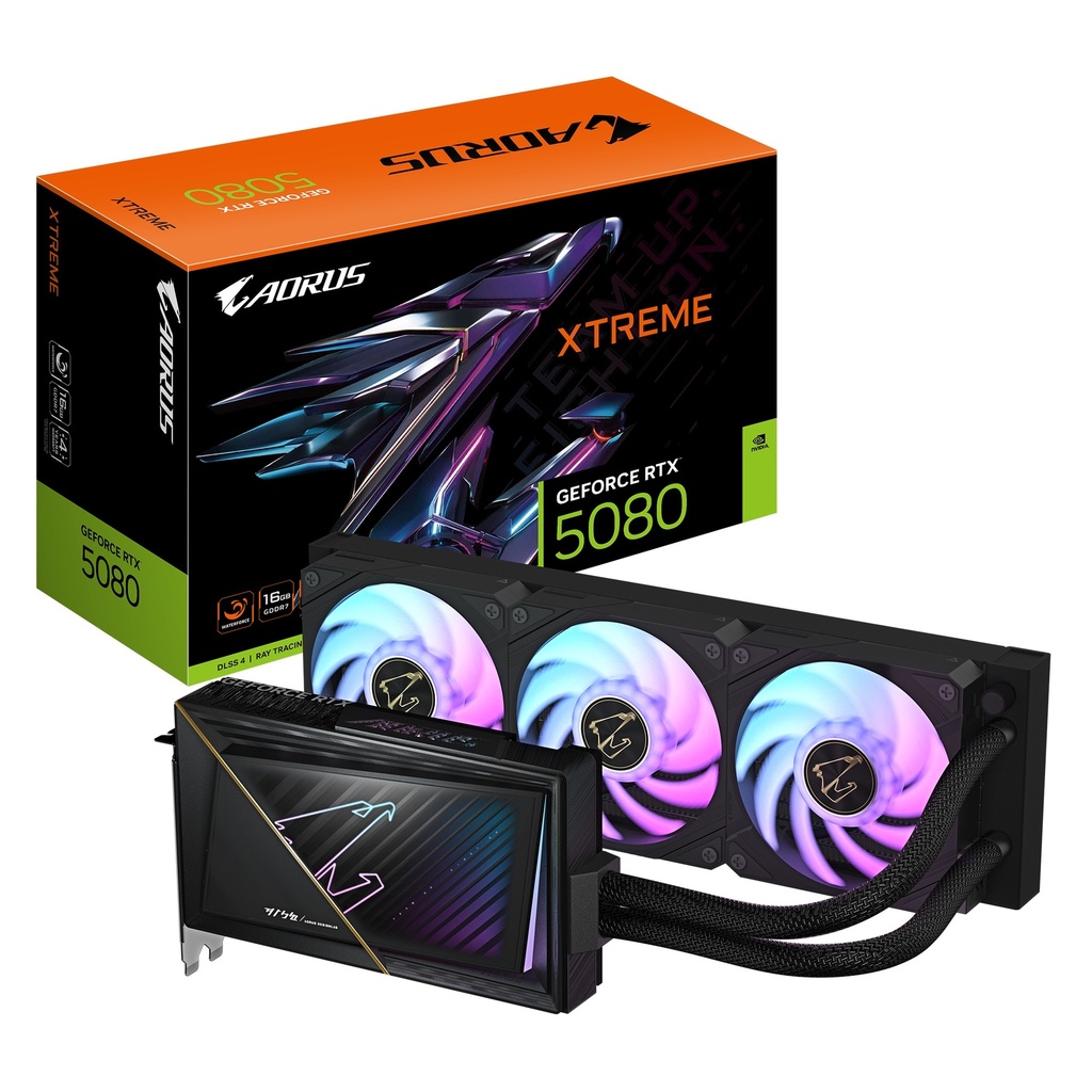 VCG-GV-N5080AORUSXW-16GD Gigabyte AORUS GeForce RTX™ 5080 XTREME WATERFORCE 16G, 2805 MHz, CUDA 10752, 30 Gbps, GDDR7, 256 bit, PCI-E 5.0, PSU 850W, HDMI 2.1b x1
