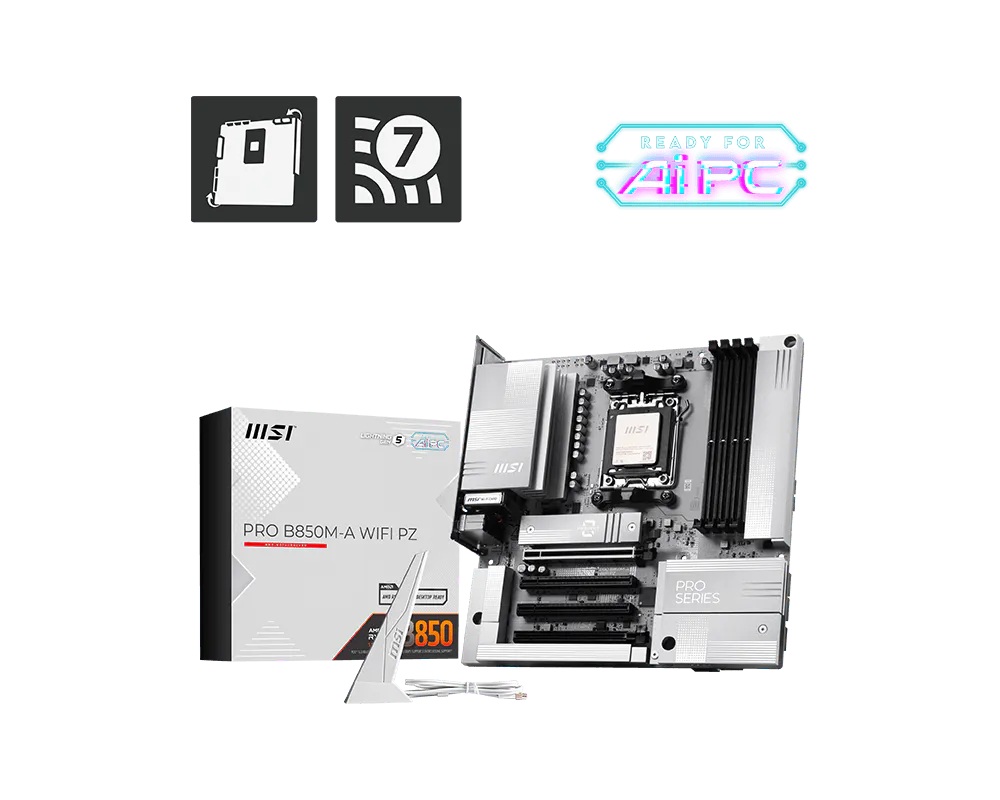 MBM-PROB850MAWIFIPZ MSI PRO B850M-A WIFI PZ, AMD Ryzen™ 9000/ 8000/ 7000, AM5, DDR5 256GB, PCIe 5.0, 2x M.2, Wi-Fi 7, 5G LAN, Back-Connect