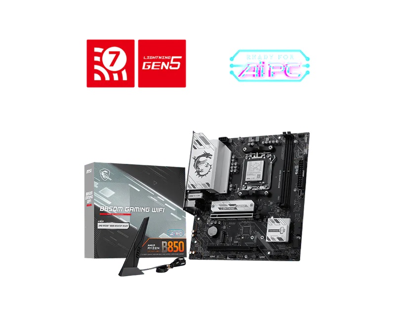 MBM-B850MGAMING-WIFI MSI B850M GAMING WIFI, AMD AM5, B850, DDR5 8200+ MT/s, PCIe 5.0 x16, M.2 Gen5, 5G LAN, Wi-Fi 7, Bluetooth 5.4, USB-C, 7.1 Audio