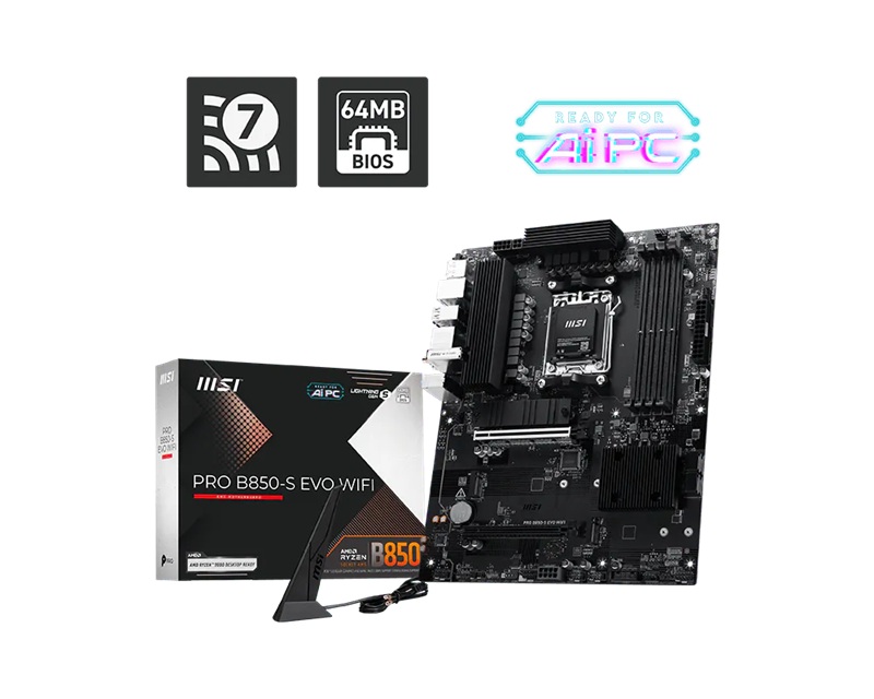 [MBM-PROB850-S-EVOWIFI] MBM-PROB850-S-EVOWIFI MSI PRO B850-S EVO WIFI, AMD B850, AM5, Ryzen 9000/8000/7000, 4xDDR5 256GB 8200+MT/s OC, PCIe 5.0 x16, 3xM.2, 5G LAN, Wi-Fi 7, 3yr wty