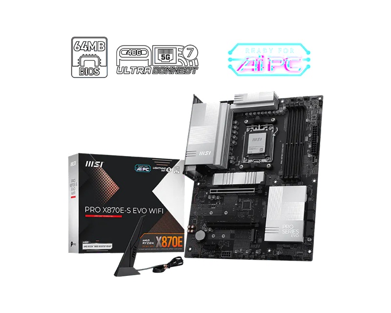 [MBM-X870E-SEVOWIFI] MBM-X870E-SEVOWIFI MSI PRO X870E-S EVO WIFI, AMD X870E, AM5, DDR5 256GB, PCIe 5.0, 3x M.2, Wi-Fi 7, 5G LAN, USB 40Gbps