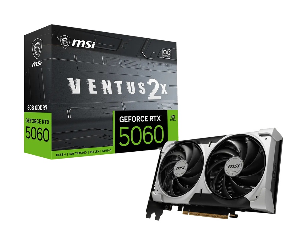 VCM-RTX50608GVENTUS2XOCV1 MSI nVidia GeForce RTX™ 5060 8G VENTUS 2X OC V1, GDDR7, 128-bit, 2527 MHz Boost, PCIe 5.0 x16, 3840 CUDA Cores, 145W, DP x3, HDMI x1, 8K, G-SYNC Y