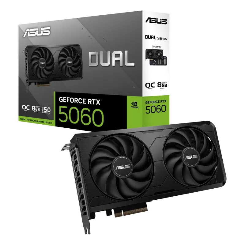 VCA-RTX5060-08G-EVO-DU ASUS nVidia Dual GeForce RTX™ 5060 EVO OC Edition, 8GB, GDDR7, 128-bit, PCIe 5.0, 2565MHz, 3840 CUDA, 2.1-Slot