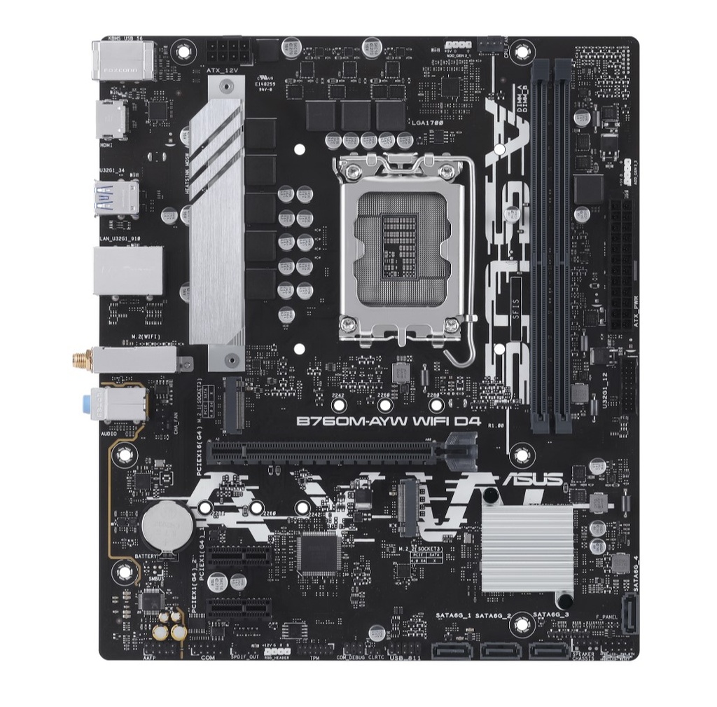 MBA-B760M-AYW-WFD4 ASUS B760M-AYW WIFI D4 Intel LGA 1700 mATX Motherboard 64GB, DDR4, 1 x PCIe 4.0 x16 Slot, 2 x M.2 Slots, 4 x SATA, WiFi 6, Realtek 2.5Gb Ethernet