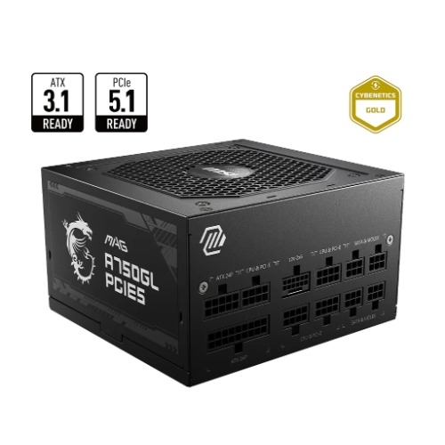 [PSM-PROA750GLPCIE5] PSM-PROA750GLPCIE5 MSI MAG A750GL PCIE5 II  – 750W ATX 3.1, 80+ Gold, full modular, PCIe 5.0 16-pin, 3x PCIe 6+2, 8x SATA, FDB fan, OCP/OVP/OPP/OTP/SCP/UVP, 120mm