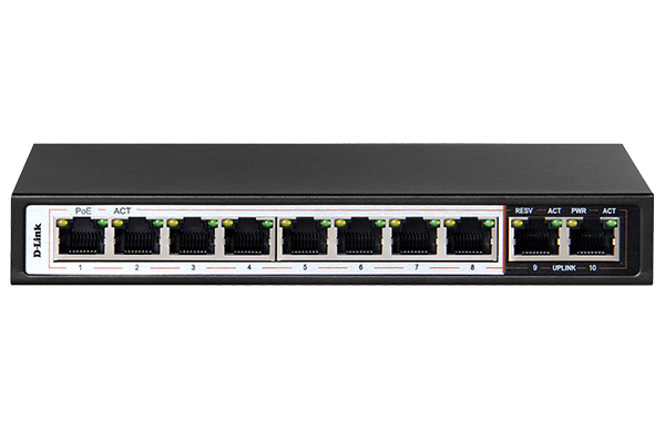 [DES-F1010P-E] DES-F1010P-E 10-Port 10/100Mbps PoE Switch with 8 Long Reach PoE Ports and 2 Uplink Ports. PoE budget 96W