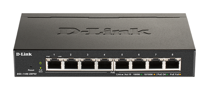 [DGS-1100-08PV2] 8-Port Gigabit Smart Managed Switch with 8 PoE+ ports. PoE budget 64W.