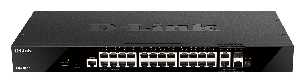 [DGS-1520-28] 28-Port Gigabit Smart Managed Stackable Switch with 24 1000Base-T, 2 10GBase-T and 2 SFP+ Ports.