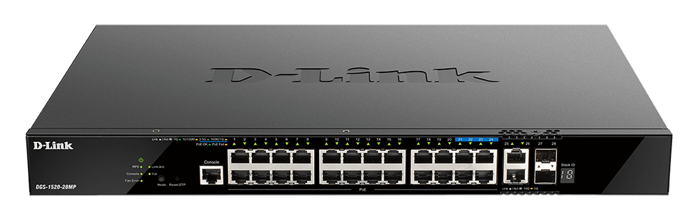 [DGS-1520-28MP] 28-Port Gigabit Smart Managed Stackable PoE+ Switch with 20 PoE+ 1000Base-T, 4 PoE+ 2.5GBase-T, 2 10GBase-T and 2 SFP+ Ports. PoE budget 370W (740W wi