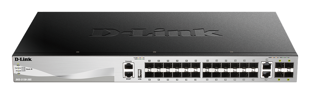 [DGS-3130-30S] DGS-3130-30S 30 port Stackable Gigabit Switch with 24 SFP ports and 4 10 Gigabit SFP+ ports and 2 10GBASE-T ports.
