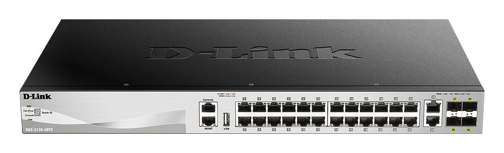 [DGS-3130-30TS] 30 port Stackable Gigabit Switch with 24 1000Base-T ports and 4 10 Gigabit SFP+ ports and 2 10GBASE-T ports.