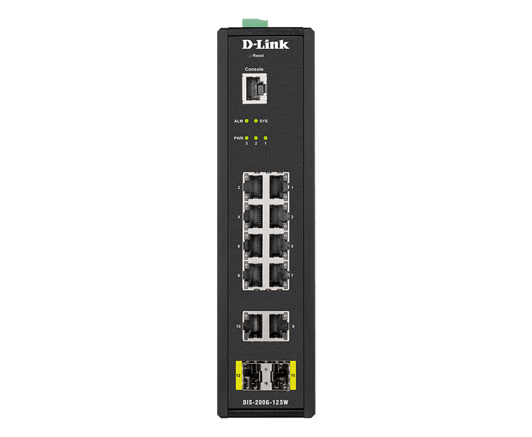 [DIS-200G-12SW] 12-Port Gigabit Industrial Smart Managed Switch with 10 1000BASE-T ports and 2 SFP ports, operating temp up to 75 C, DIN Rail mountable
