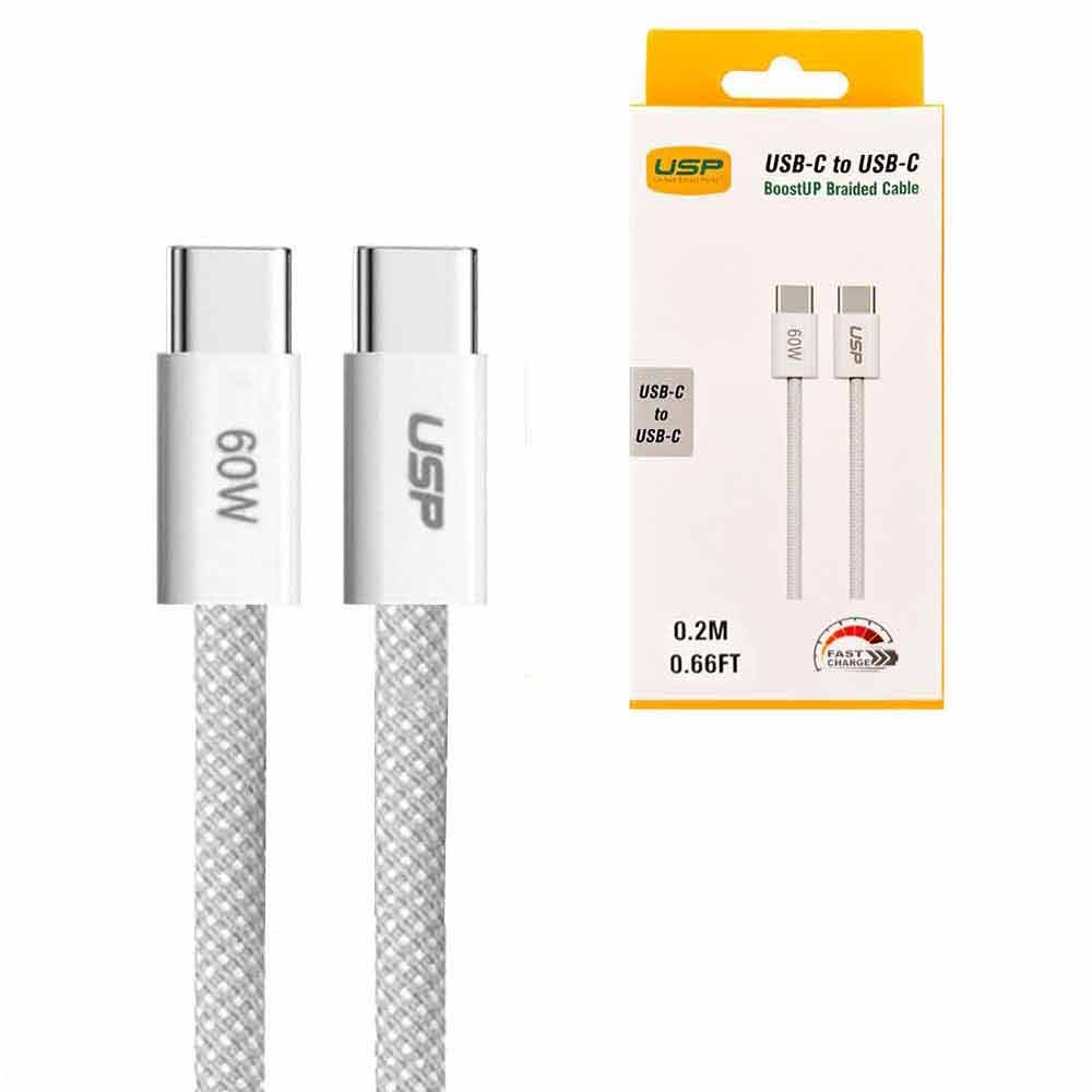 USP Braided USB-C to USB-C PD 60W High Density Fast Charge Cable (20cm) White - 3A Fast  Safe Charge,Strong  Durable,Samsung Galaxy,Apple iPhone