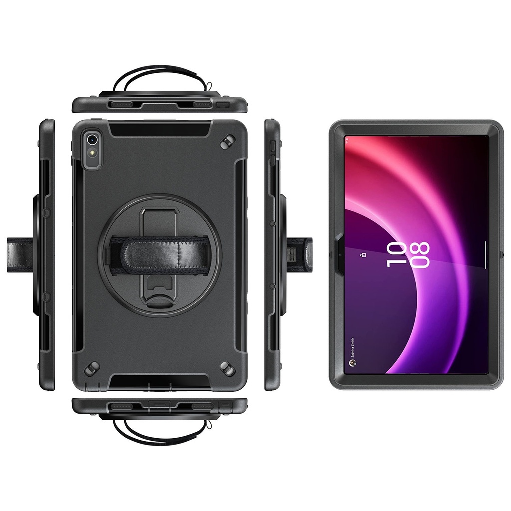 Generic Rugged Lenovo Tab P11 (11") (2nd Gen) Case + Screen Protector Black - Built-in-Kickstand, Adjustable Hand Strap