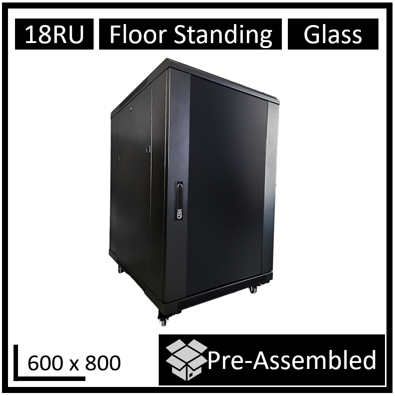 [FS800-18U-A] LDR Assembled 18U Server Rack Cabinet (600mm x 800mm) Glass Door, 1x 8-Port PDU, 1x 4-Way Fan, 2x Fixed Shelves - Black Metal Construction