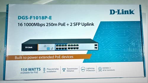 [DGS-F1018P-E] DGS-F1018P-E 18-Port Gigabit PoE Switch with 16 PoE+ Ports (8 Long Reach 250m) and 2 Uplinks with Combo SFP. PoE budget 150W.