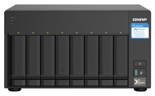 [TS-832PX-4G] 8-Bay NAS, AL324 64-bit quad-core 1.7GHz, 4GB DDR4 SODIMM RAM (1 x 4GB, max 16GB), 8 x 3.5"/ 2.5" drive slots, 2 x 10GbE SFP+ LAN, 2 x 2.5GbE LAN