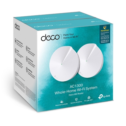 [Deco M5(2-pack)] TP-Link Deco M5 (2-Pack) Whole Home Mesh Wi-Fi 1300Mbps System, Built-In Antivirus, Quality of Service, Covers 350sqm 2xGbit Port USB-C, BT, Homecare