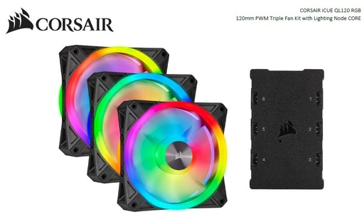 [840006611684] Corsair QL120 RGB Triple Fan Kit with Lighting Node Core, ICUE, 120mm RGB LED PWM Fan 26dBA, 41.8 CFM, 3 Fan Pack (LS)