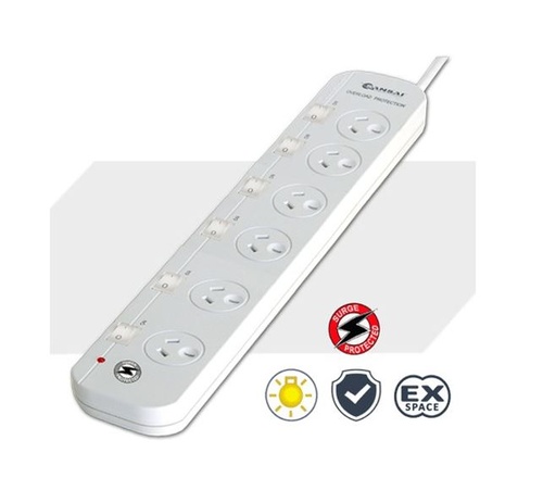[9324747004901] Sansai 6-Way Power Board (661SW) with Individual Switches and Surge Protection Overload Protected Reset button Indicator Light 100CM Lead 240VAC 10A