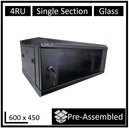 [SS450-4U-A] LDR Assembled 4U Wall Mount Cabinet (600mm x 450mm) Glass Door - Black Metal Construction - Top Fan Vents - Side Access Panels