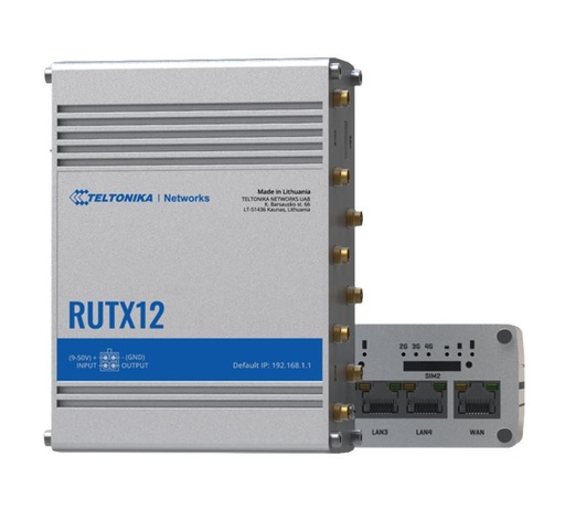 [4779027312743] Teltonika RUTX12 Dual LTE CAT 6 Industrial Cellular Router, Dual SIM CAT6 4G LTE Router/Firewall with Dual Band WiFi 5, PSU included