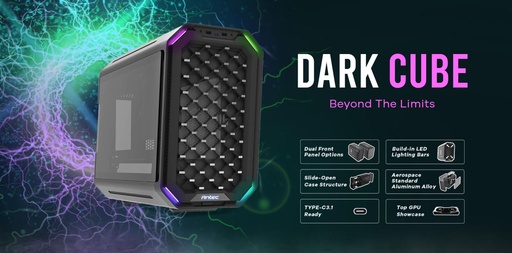 [761345800341] Antec Dark Cube M-ATX, Dual Front Panel, Slide Open Structure, USB-C, LED Light Bars, Aluminum Alloy, 14CM ARGB x 2, 12CM x 1 installed  Gaming Case