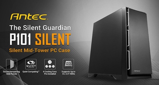 [761345811033] Antec P101 Silent ATX, E-ATX Case, 1x 5.25"Ext, 8x 3.5" HDD,  2x 2.5" SSD,  VGA up to 450mm, CPU Height 180mm. PSU 290mm. Two Years Warranty