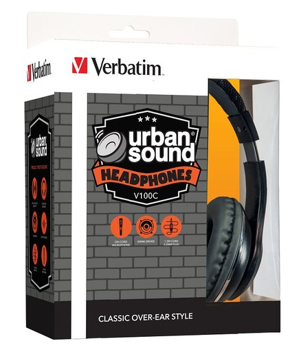 [4895117950661] Verbatim Stereo Headphone 3.5mm - Black, Headphones Over-Ear Design, 1.2 Meter Cable Included, Great for Music on Smartphone, Laptop, Desktop