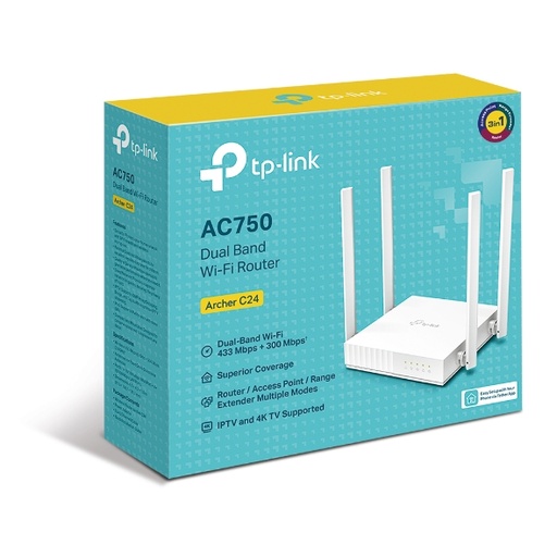 [6935364089474] TP-Link Archer C24 AC750 Dual-Band Wi-Fi Router 2.4GHz 300Mbps 5GHz 433Mbps 4xLAN 1xWAN 4xAntennas, WPS, Router Access Point and Range Extender Modes