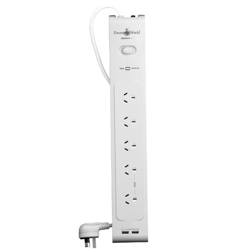 [9346909001061] PowerShield PSZ5U2 ZapGuard 5 Way Power Surge Filter Board, 2 x USB Connectors, Wide Spaced Sockets, Wall Mountable, $40,000 Connected Equipment