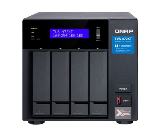 [4713213514542] QNAP TVS-472XT-PT-4G 4 Bay NAS Intel® Pentium G5400T 2-core 3.1 GHz 4GB DDR4 Hot-swappable 2 xPCIe 2xGbE 1x10GBASE-T 2xThunderbolt 1xUSB3.2 2 yrs wty