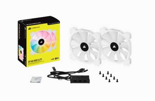 [840006637790] Corsair White SP140 RGB ELITE, 140mm RGB LED Fan with AirGuide, 68 CFM, Dual Pack with Lighting Node CORE