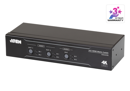 [4710469340024] Aten VM0202HB 2x2 True 4K HDMI Matrix Switch with audio de-embedder, supports control via pushbuttons, IR remote or RS232 serial, Auto Switching