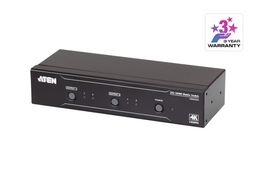 [4719264645501] Aten 2x2 4K HDMI Matrix, control via front-panel pushbuttons, IR remote and RS232 control, EDID management