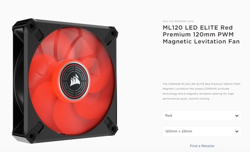 [840006640158] Corsair ML ELITE Series, ML120 LED ELITE, 120mm Magnetic Levitation Red LED Fan with AirGuide, Single Pack (LS)