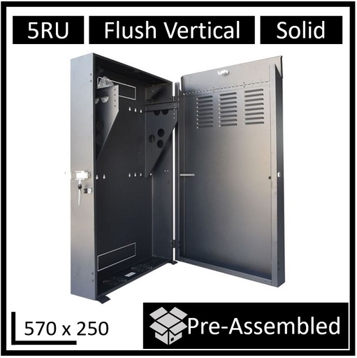 [RCLDR-WB-FT] LDR Assembled 5U Flush Wall Mount Vertical Cabinet (570mm x 250mm) - 4U Rack For Gear  2U Mount For Patch Panels - Black Metal Construction