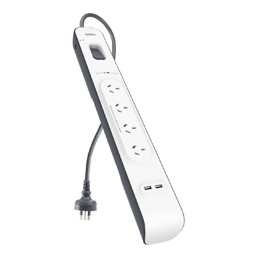 [745883650965] Belkin BSV401 4-Outlet 2-Meter Surge Protection Strip with two 2.4 amp USB charging ports, Complete Three-line AC protection, CEW $20,000, Power Board