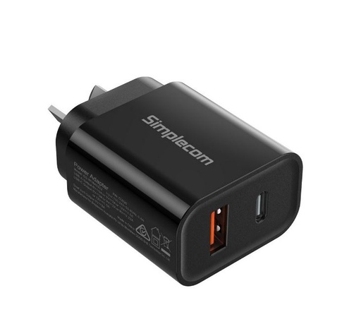[9350414002734] Simplecom CU220 Dual Port PD 20W Fast Wall Charger USB-C + USB-A for Phone Tablet