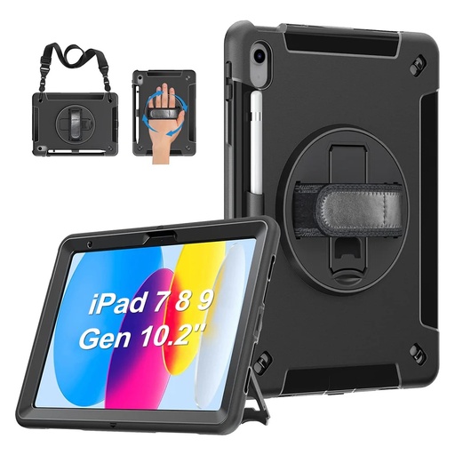 [6972890207514] Generic Rugged Apple iPad (10.2") (9th/8th/7th Gen) Case Black - Built-in-Kickstand, Adjustable Hand Strap, Pen Holder, DropProof